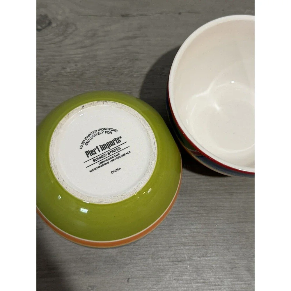 Set Of 2 PIER 1 Imports Soup/Cereal Bowls “Summer Stripes” Ironware RARE Vintage
